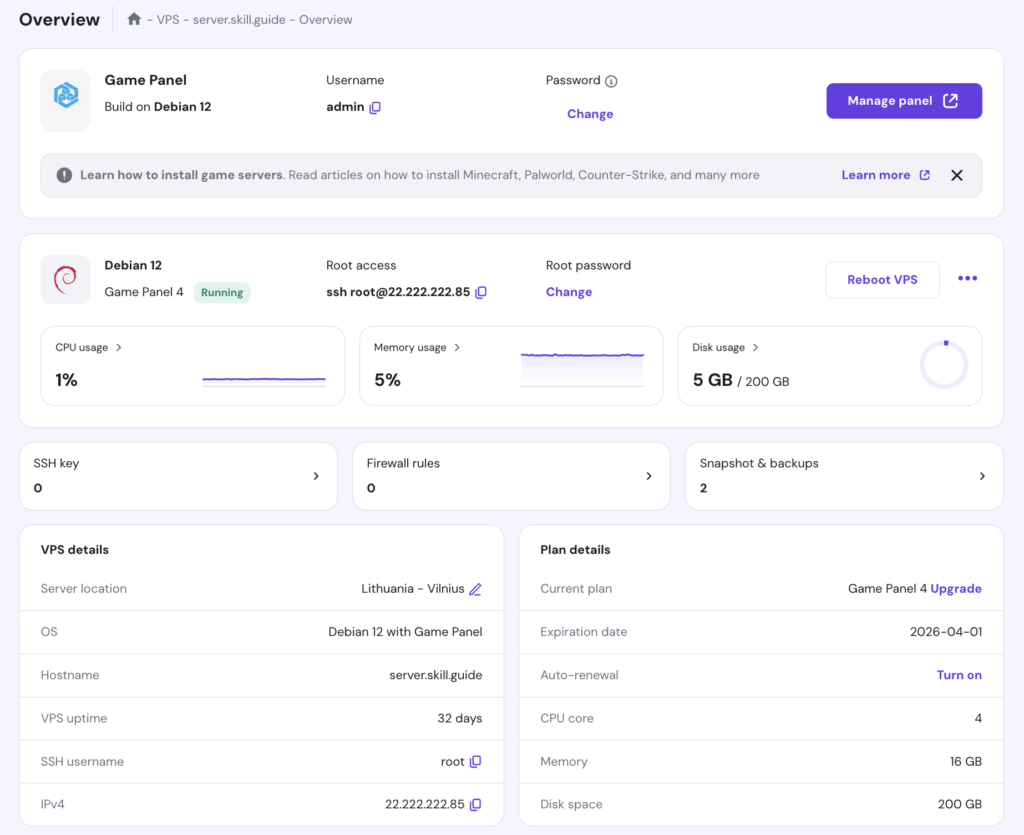 hostinger minecraft gamepanel